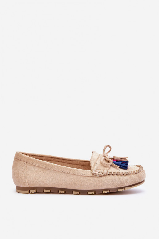 Suede Loafers With Bow And Fringes Beige Dorine Suede Loafers With Bow And Fringes Beige Dorine