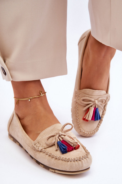 Suede Loafers With Bow And Fringes Beige Dorine Suede Loafers With Bow And Fringes Beige Dorine
