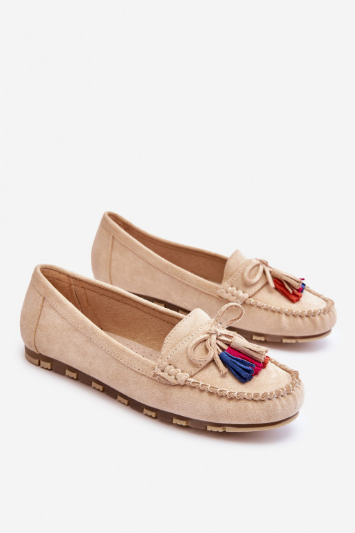 Suede Loafers With Bow And Fringes Beige Dorine Suede Loafers With Bow And Fringes Beige Dorine