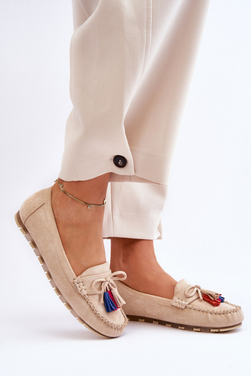 Suede Loafers With Bow And Fringes Beige Dorine Suede Loafers With Bow And Fringes Beige Dorine