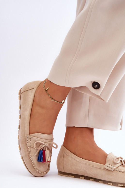 Suede Loafers With Bow And Fringes Beige Dorine Suede Loafers With Bow And Fringes Beige Dorine