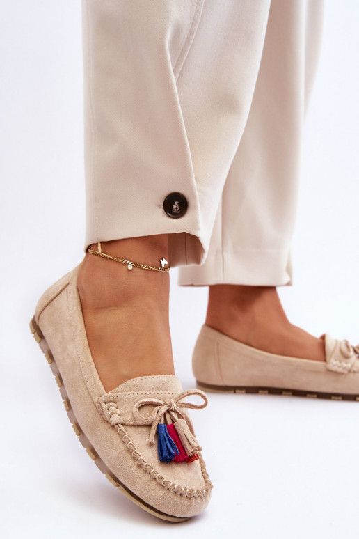 Suede Loafers With Bow And Fringes Beige Dorine Suede Loafers With Bow And Fringes Beige Dorine