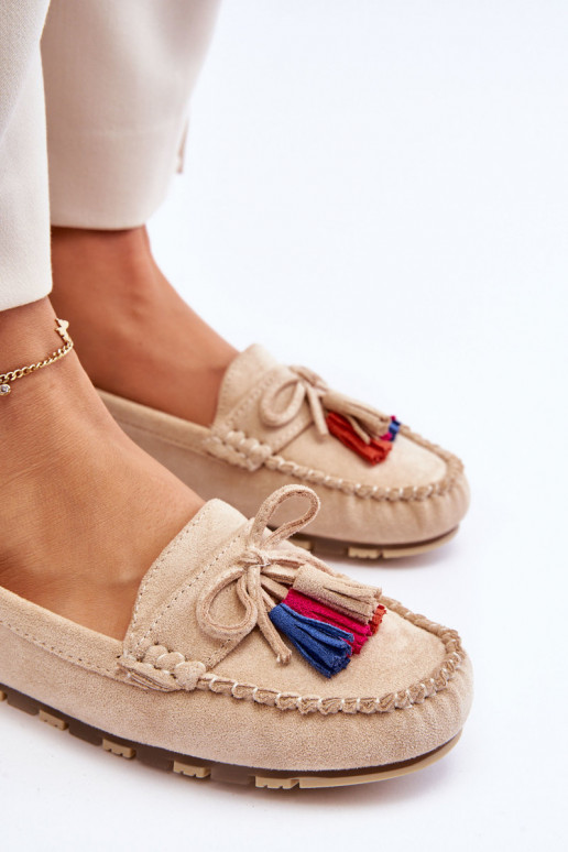 Suede Loafers With Bow And Fringes Beige Dorine Suede Loafers With Bow And Fringes Beige Dorine