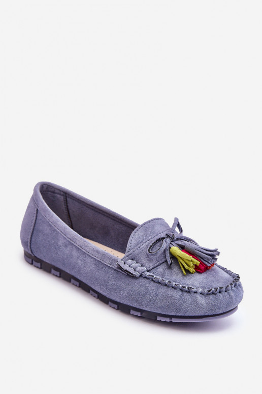 Suede Loafers With Bow And Fringes Blue Dorine Suede Loafers With Bow And Fringes Blue Dorine