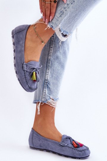 Suede Loafers With Bow And Fringes Blue Dorine 2