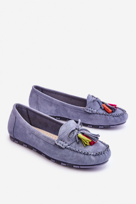 Suede Loafers With Bow And Fringes Blue Dorine Suede Loafers With Bow And Fringes Blue Dorine