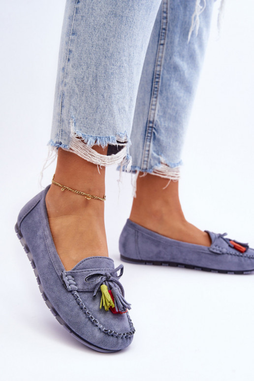 Suede Loafers With Bow And Fringes Blue Dorine Suede Loafers With Bow And Fringes Blue Dorine