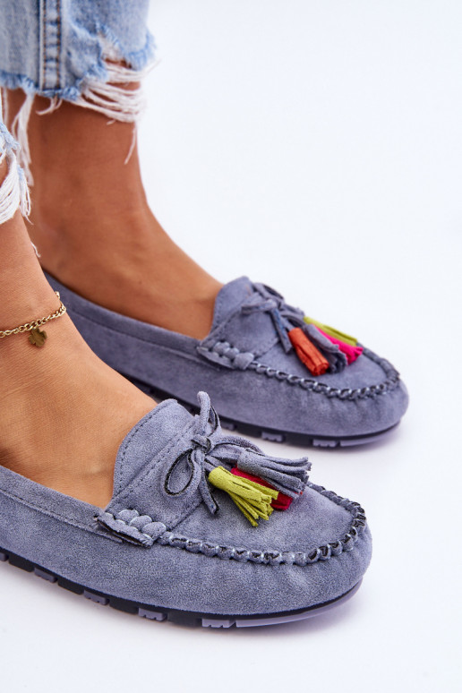 Suede Loafers With Bow And Fringes Blue Dorine Suede Loafers With Bow And Fringes Blue Dorine