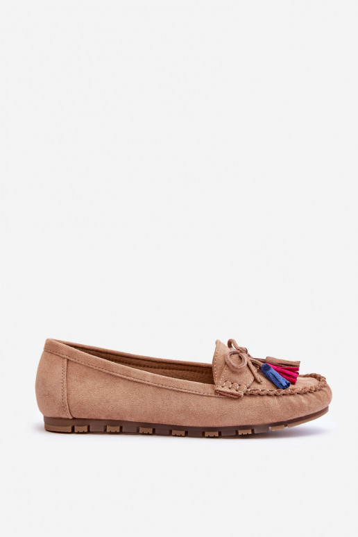 Suede Loafers With Bow And Fringes Dark beige Dorine Suede Loafers With Bow And Fringes Dark beige Dorine