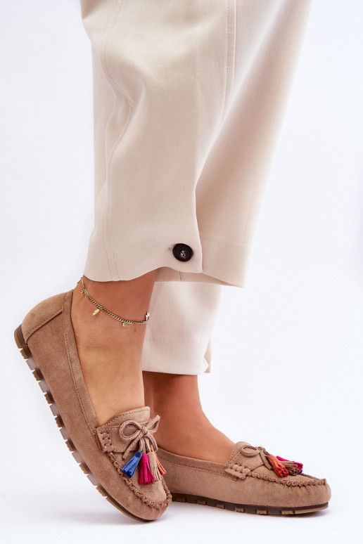 Suede Loafers With Bow And Fringes Dark beige Dorine Suede Loafers With Bow And Fringes Dark beige Dorine