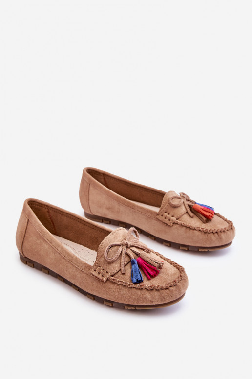 Suede Loafers With Bow And Fringes Dark beige Dorine Suede Loafers With Bow And Fringes Dark beige Dorine