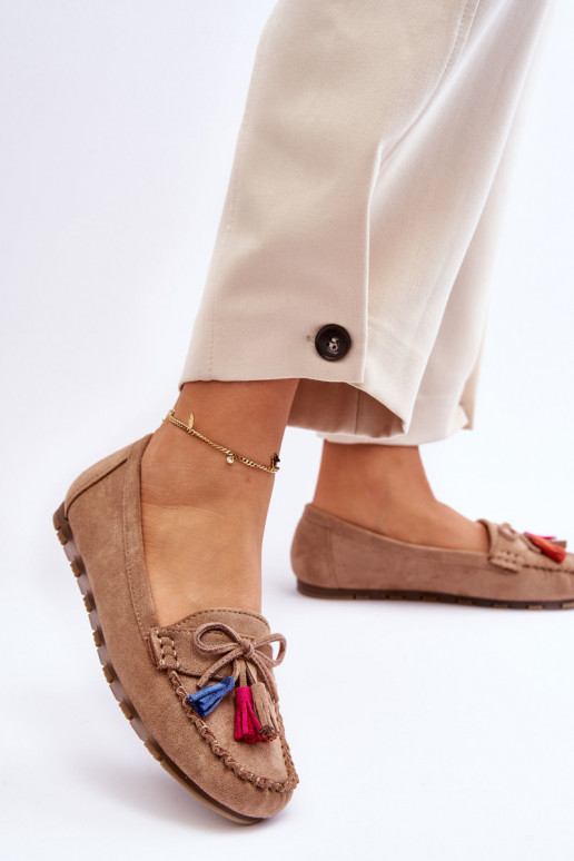 Suede Loafers With Bow And Fringes Dark beige Dorine Suede Loafers With Bow And Fringes Dark beige Dorine