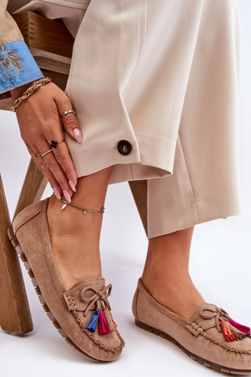 Suede Loafers With Bow And Fringes Dark beige Dorine Suede Loafers With Bow And Fringes Dark beige Dorine