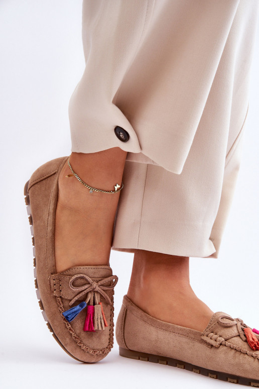 Suede Loafers With Bow And Fringes Dark beige Dorine Suede Loafers With Bow And Fringes Dark beige Dorine