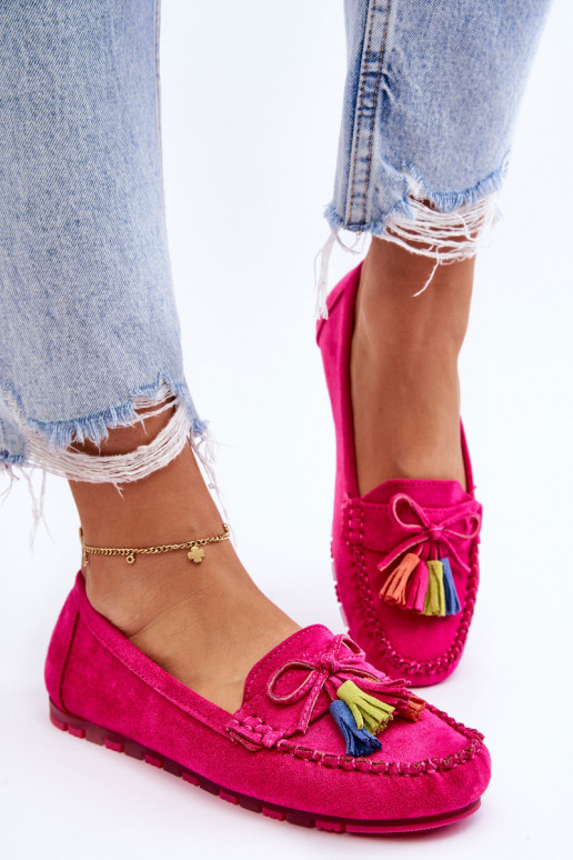 Suede Loafers With Bow And Fringes Fuchsia Dorine Suede Loafers With Bow And Fringes Fuchsia Dorine