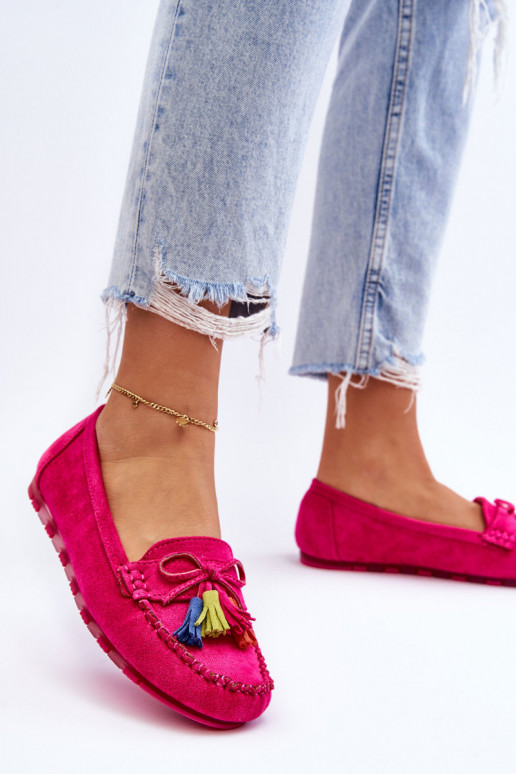 Suede Loafers With Bow And Fringes Fuchsia Dorine Suede Loafers With Bow And Fringes Fuchsia Dorine