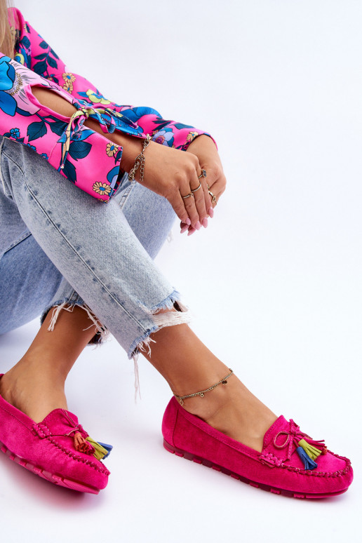 Suede Loafers With Bow And Fringes Fuchsia Dorine Suede Loafers With Bow And Fringes Fuchsia Dorine