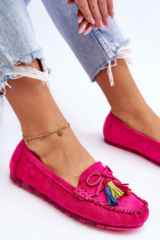 Suede Loafers With Bow And Fringes Fuchsia Dorine Suede Loafers With Bow And Fringes Fuchsia Dorine