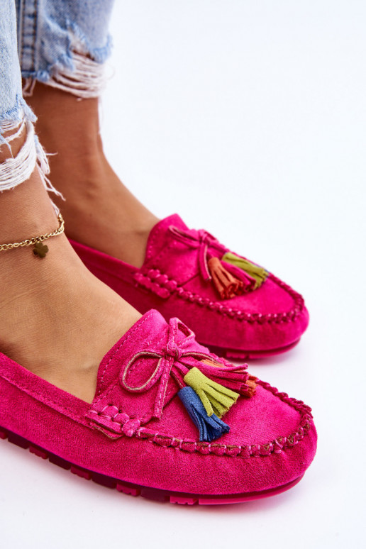 Suede Loafers With Bow And Fringes Fuchsia Dorine Suede Loafers With Bow And Fringes Fuchsia Dorine