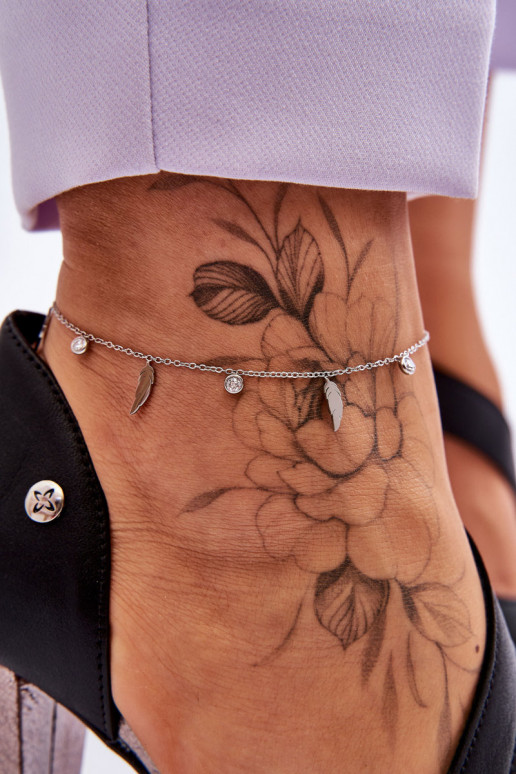 Leg Bracelet With Feathers And Cubic Zirconia Silver Leg Bracelet With Feathers And Cubic Zirconia Silver