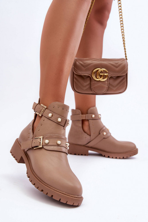 Women's Trapper Boots with Pearls Beige Klarisa Women's Trapper Boots with Pearls Beige Klarisa