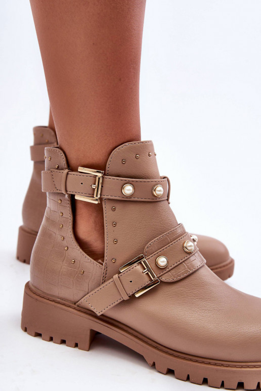 Women's Trapper Boots with Pearls Beige Klarisa Women's Trapper Boots with Pearls Beige Klarisa