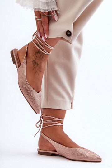 Women's Lace-Up Ballet Flats Embellished with Studs Beige Jange
