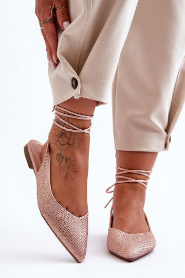 Women's Lace-Up Ballet Flats Embellished with Studs Beige Jange 2