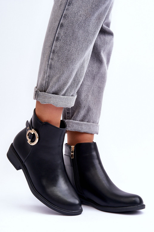 Leather Ankle Boots with Flat Heel Black Meronei