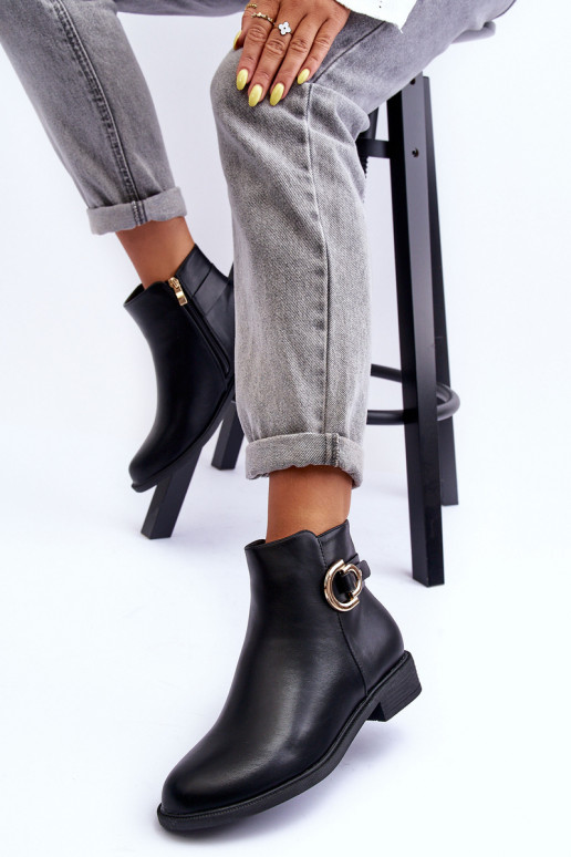 Leather Ankle Boots with Flat Heel Black Meronei
