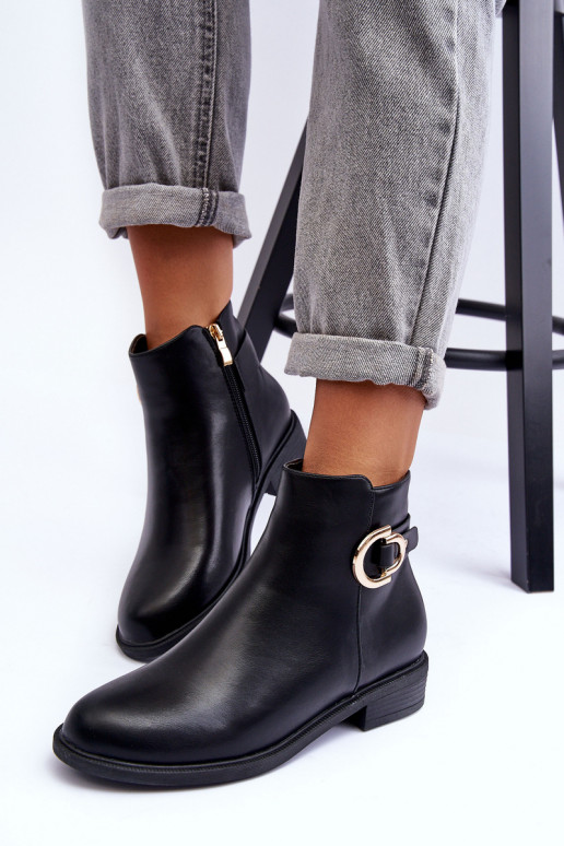 Leather Ankle Boots with Flat Heel Black Meronei