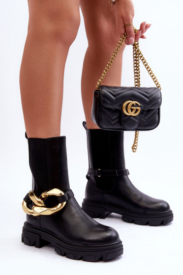 Fashionable Leather Boots Ankle Boots with Chain Black Kambiz 2