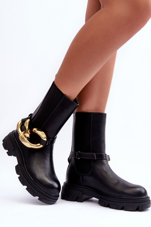 Fashionable Leather Boots Ankle Boots with Chain Black Kambiz