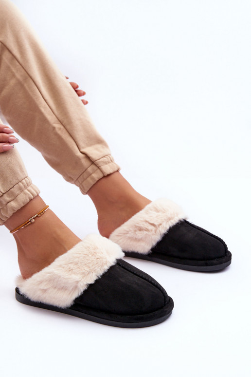Women's Slippers with Fur Black Pinky