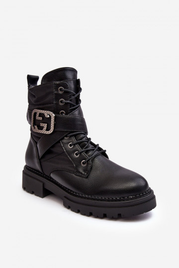 Gennee Leather Black Workery Boots with Chain 2