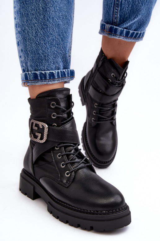 Gennee Leather Black Workery Boots with Chain