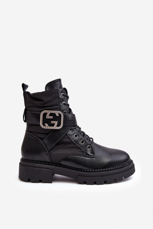 Gennee Leather Black Workery Boots with Chain