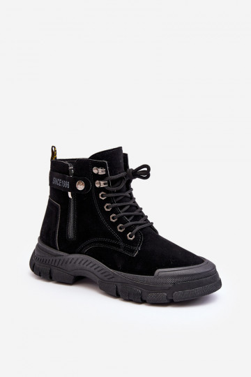 Women's Faux Suede Lined Lace-Up Ankle Boots Black Jailina