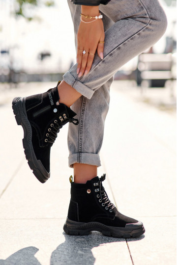 Women's Faux Suede Lined Lace-Up Ankle Boots Black Jailina 2