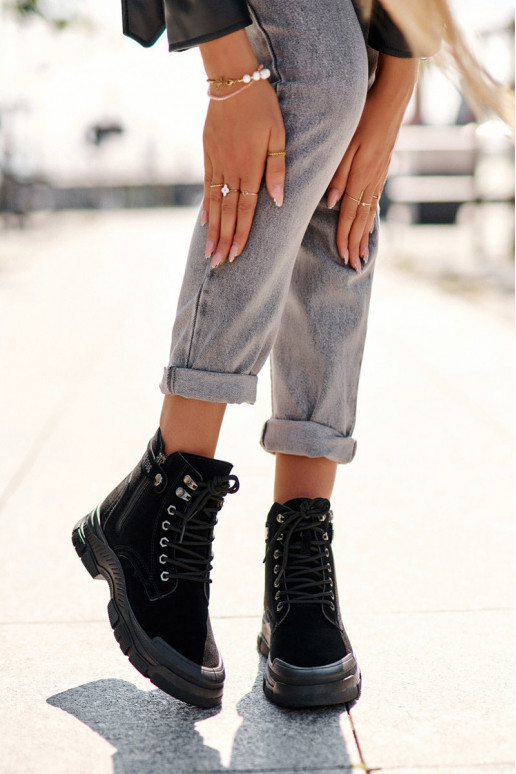 Women's Faux Suede Lined Lace-Up Ankle Boots Black Jailina Women's Faux Suede Lined Lace-Up Ankle Boots Black Jailina