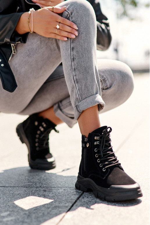 Women's Faux Suede Lined Lace-Up Ankle Boots Black Jailina Women's Faux Suede Lined Lace-Up Ankle Boots Black Jailina