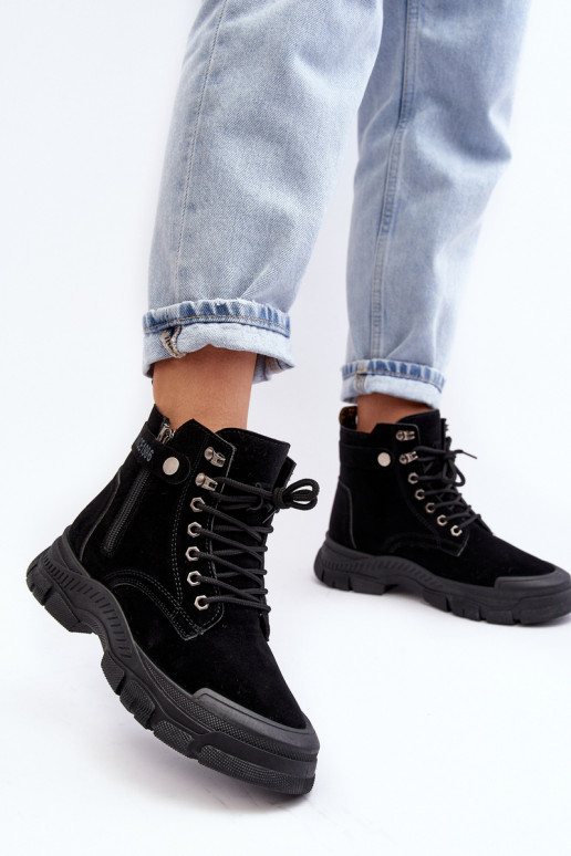 Women's Faux Suede Lined Lace-Up Ankle Boots Black Jailina Women's Faux Suede Lined Lace-Up Ankle Boots Black Jailina