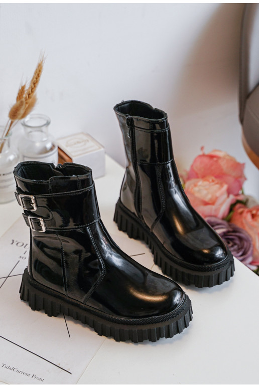Children's Glossy Boots with Buckles Black Chloraia Children's Glossy Boots with Buckles Black Chloraia