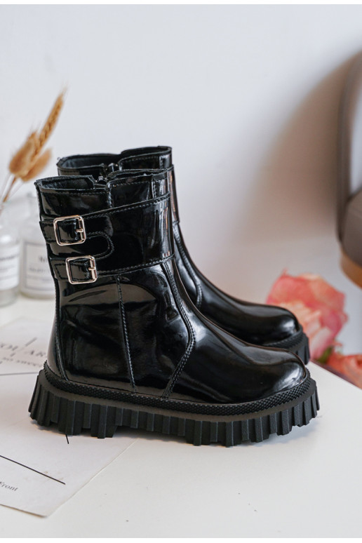 Children's Glossy Boots with Buckles Black Chloraia Children's Glossy Boots with Buckles Black Chloraia