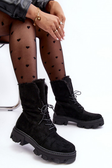 Suede Lace-Up Boots with Faux Fur Workery Black Frendo 2