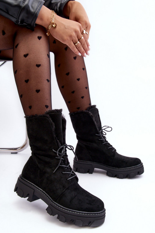 Suede Lace-Up Boots with Faux Fur Workery Black Frendo Suede Lace-Up Boots with Faux Fur Workery Black Frendo