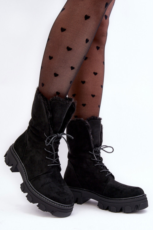 Suede Lace-Up Boots with Faux Fur Workery Black Frendo Suede Lace-Up Boots with Faux Fur Workery Black Frendo