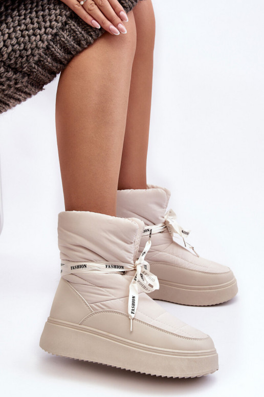 Women's Snow Boots With Ornamental Lacing Light Beige Siracna