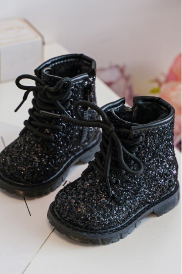 Children's Glittery Lined Boots with Zipper Black Saussa 2