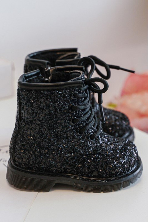 Children's Glittery Lined Boots with Zipper Black Saussa